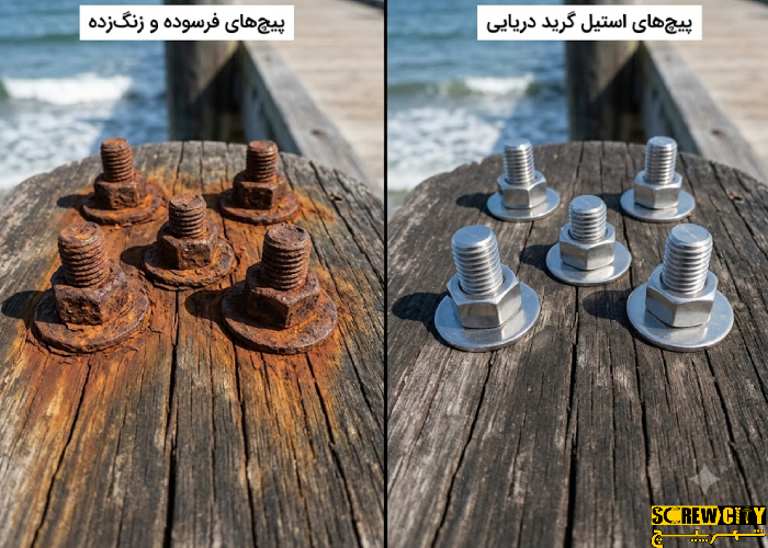 مقایسه پیچ زنگزده معمولی با پیچ مقاوم در برابر خوردگی دریایی